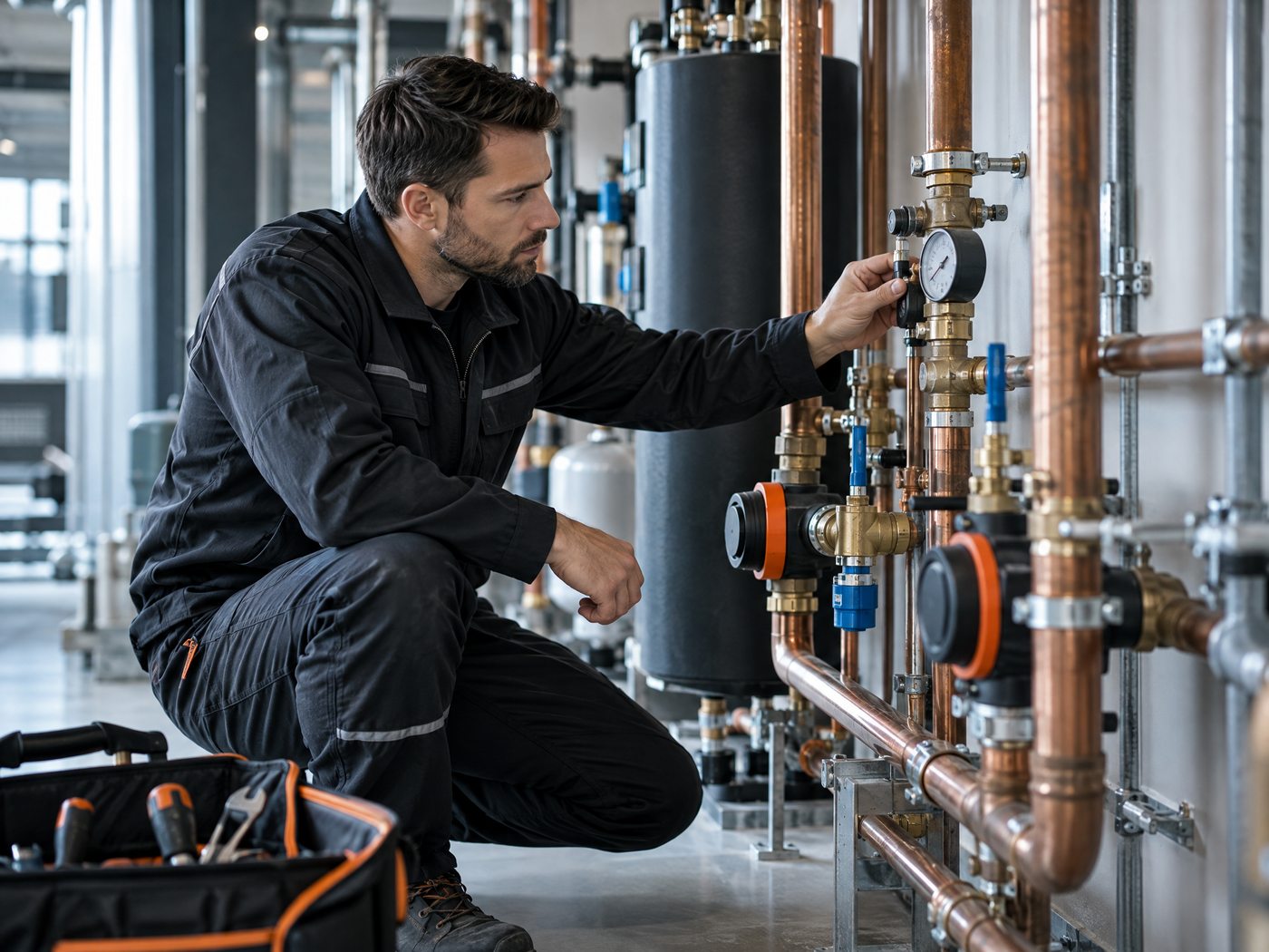 A plumber inspecting pipework in a commercial property