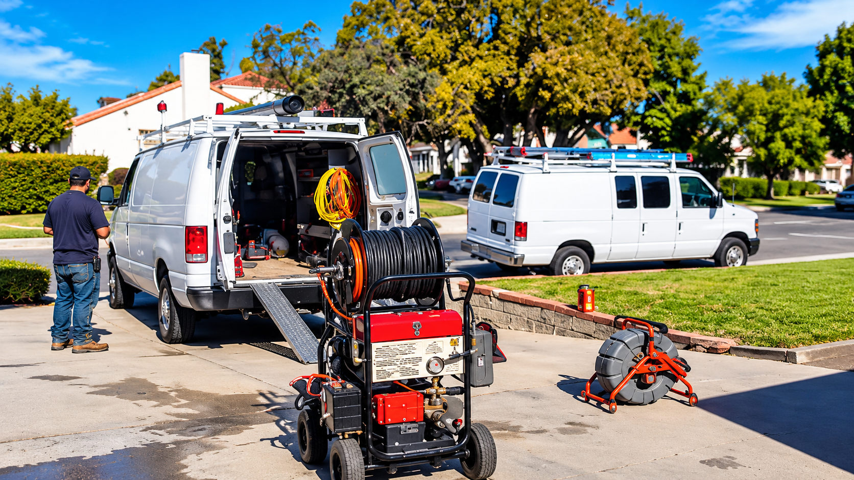 Residential plumbing worksite with drain-cleaning equipment and service vans outside a home