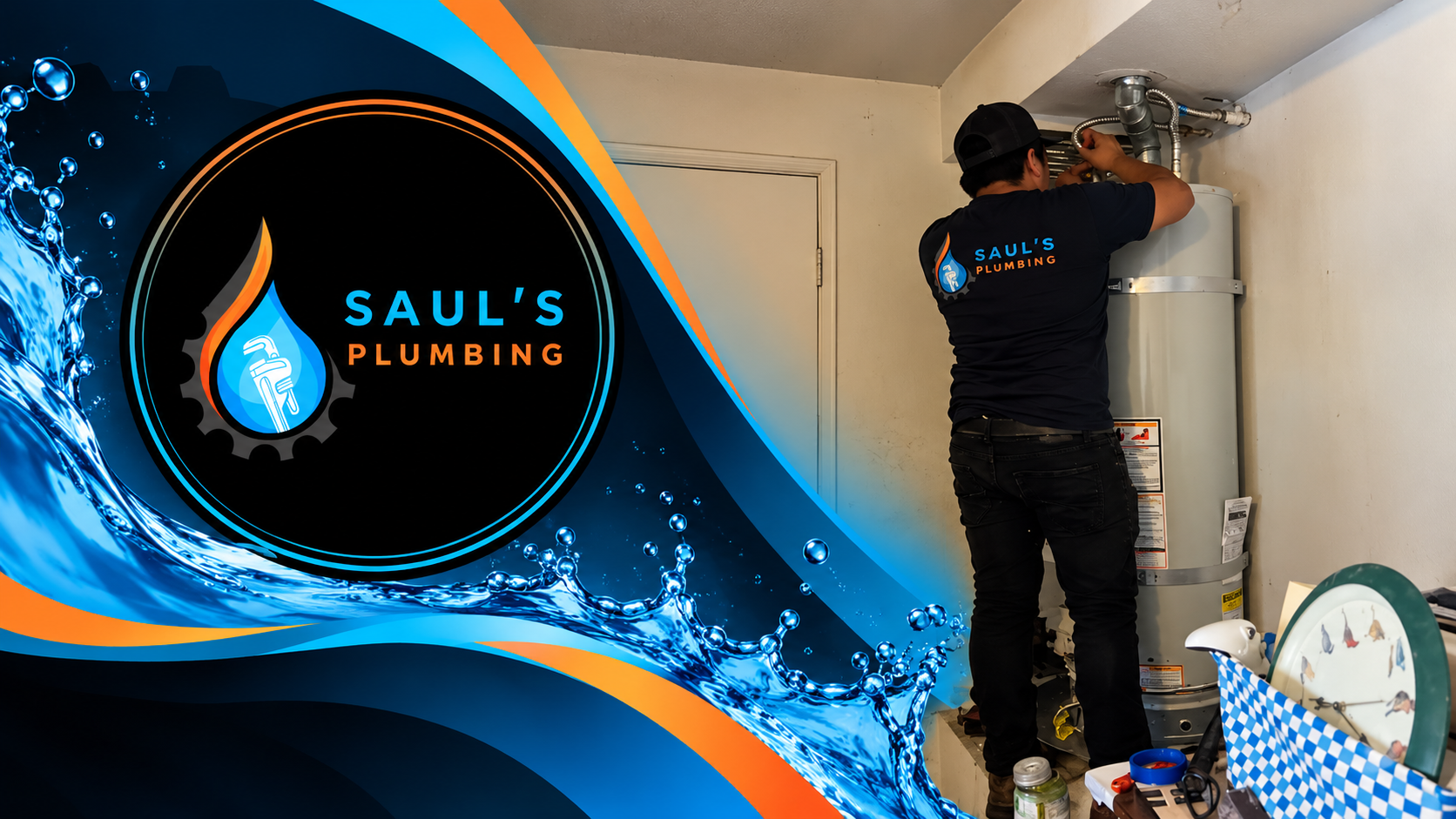 Saul’s Plumbing branded service banner featuring the company logo and a plumber repairing a water heater